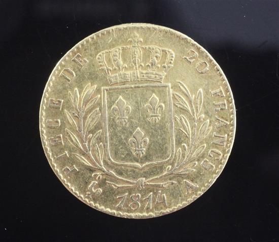 A French 20 Franc gold coin, 1814A, 6.4g, GVF